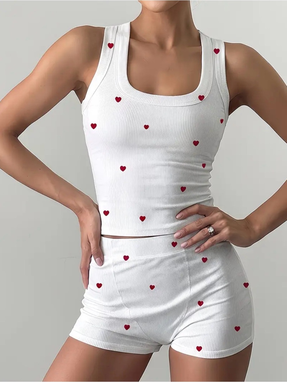 🤍 White Heart Print Ribbed Pajama Set – NWT